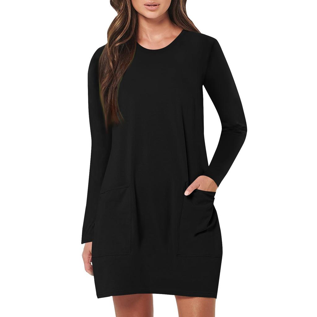 Женские модные платья с круглым вырезом и карманами средней длины для пляжного отдыха с длинным рукавом