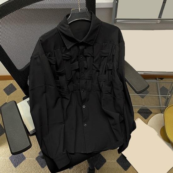 Мужская повседневная рубашка с лацканами, рубашка с длинными рукавами, топы с полой тесьмой, однотонные топы, весенне-осенняя свободная рубашка