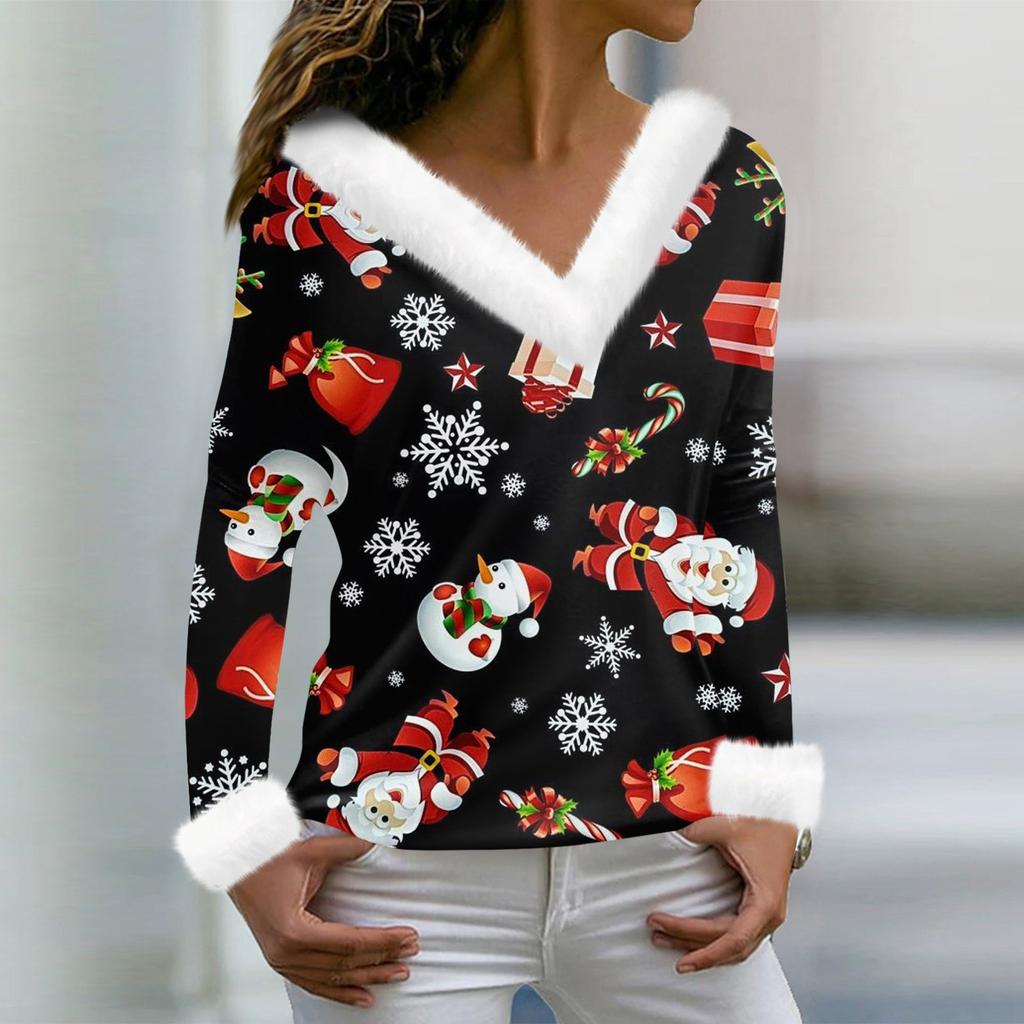 Женская мода с длинным рукавом и рождественским принтом для вечеринки, плюшевый топ с v-образным вырезом