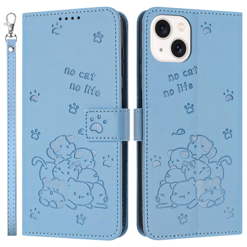 For iPhone 15 Case with Strap Cats Imprint Leather Wallet Phone Cover