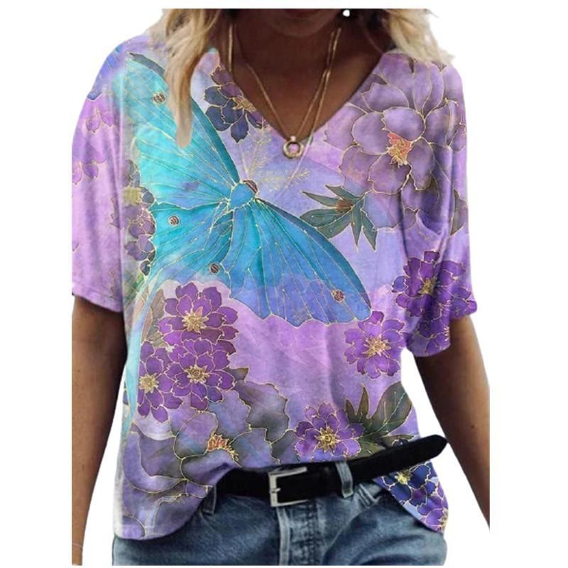 Women 3D Printed T Shirt Casual Summer Outfit Floral V Neck Tops Sportwear Short Sleeve T Shirts