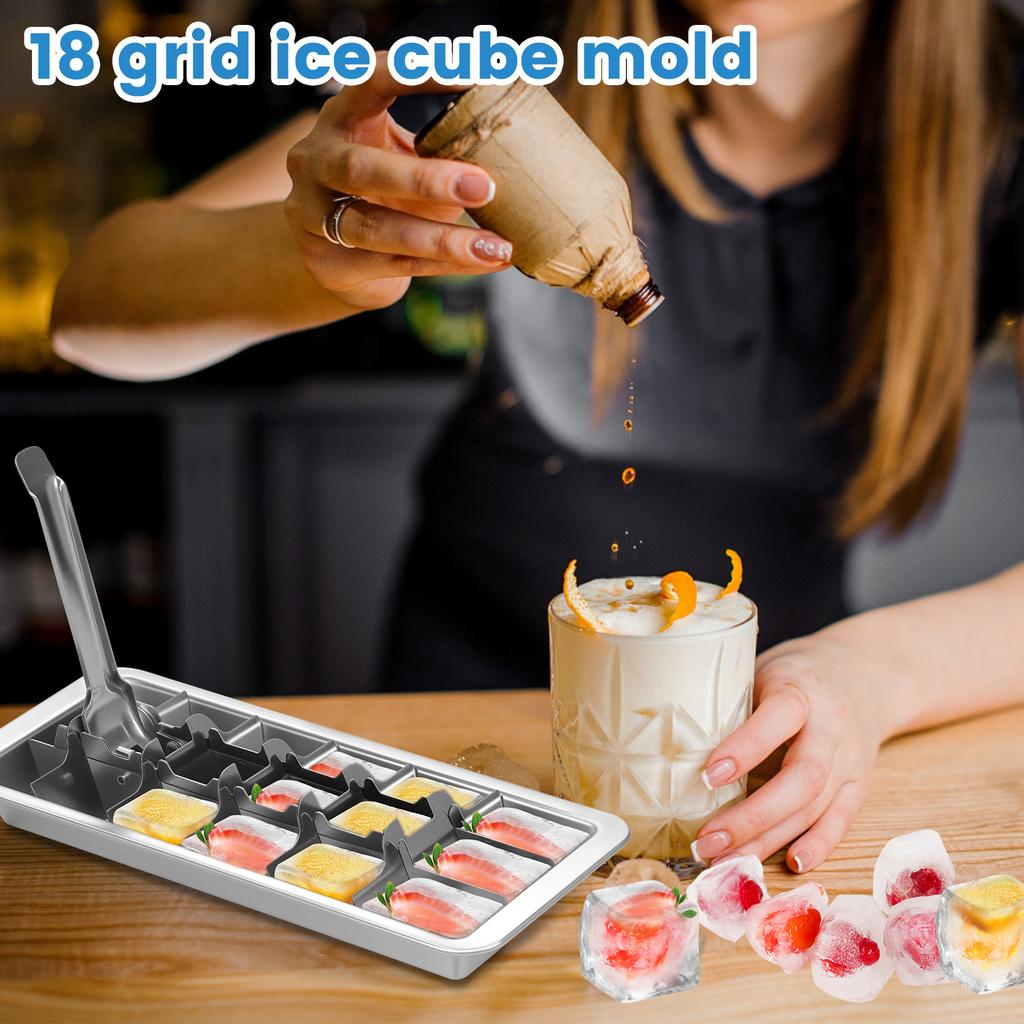 Stainless Steel Ice Cube Maker 18 Slots Ice Tray with Lever Versatile Dishwasher Safe Ice Cube Tray for Milk and Drink Cooling