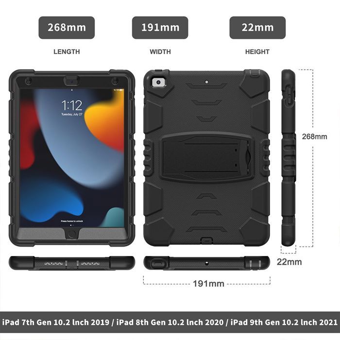 Coque pour iPad 10,2" - Protection Intégrale - Antichoc - Support Pliable - Noir - Silicone/PC