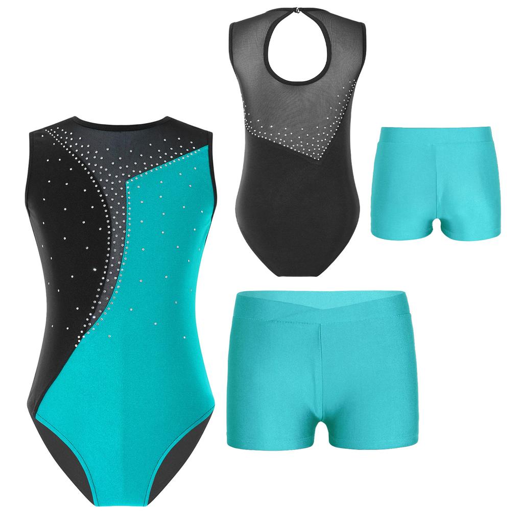 Костюм для танцевальной гимнастики, 2 шт., детский танцевальный комбинезон без рукавов для девочек и шорты, комбинезон, велосипедки