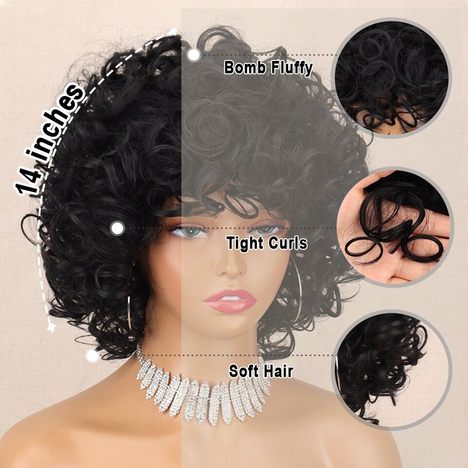 MISS WIG Короткие вьющиеся парики для чернокожих женщин Мягкий черный вьющийся парик с челкой Афро-кудрявые кудри Парик из синтетического термостойкого волокна