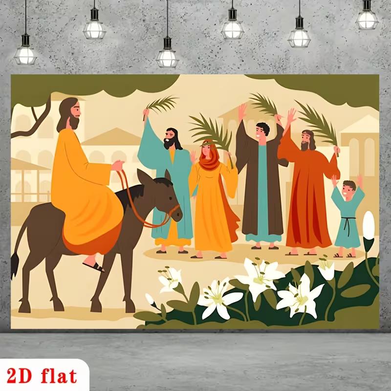 2D Religious Palm Sunday Backdrop Cloth Jesus Triumphal Entry Scene