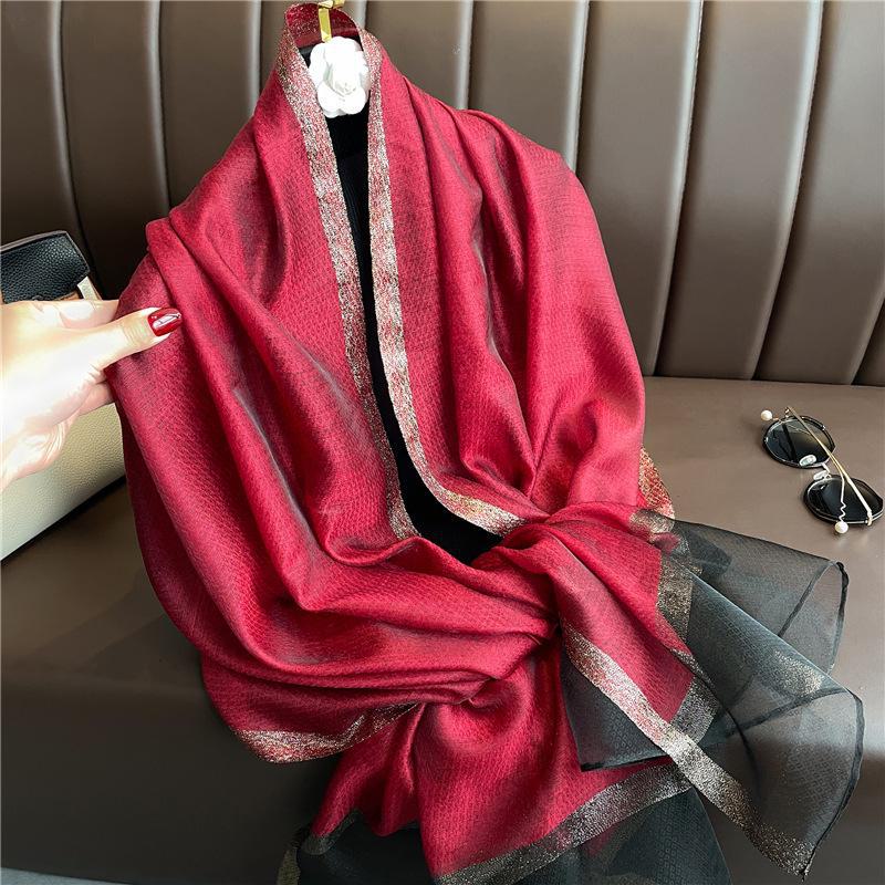 Korean Style Versatile Silk Scarf: Long Gauze Scarf with Gold Sequin and Wool Blend for Spring and Autumn.