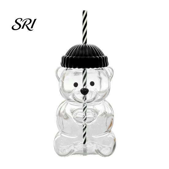 Eco Friendly Sippy Cup Bear Shape with Straw Lid 500ml Heat-Resistant Glass Tumbler Reusable Cold for Iced Coffee Milk Tea Juice