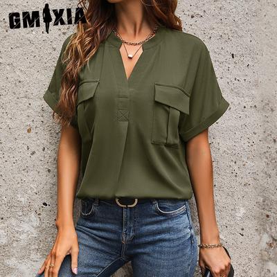 Летняя рубашка с коротким рукавом, однотонная, с V-образным вырезом, карманом, элегантная рубашка для женщин