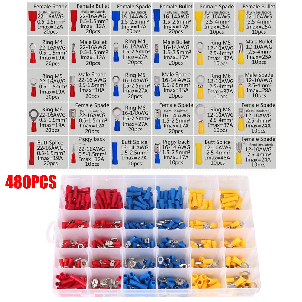 Rolled Terminals Assorted Kit Electrical Wire Crimp 280/480PCS Spade Butt Ring Lugs Fork Set Insulated Cable Connector