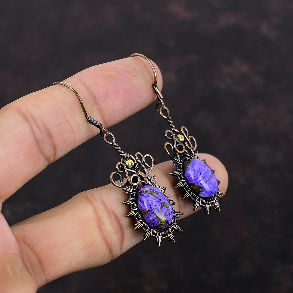 Серьги из медного чароита, серьги с драгоценными камнями, обернутые медной проволокой, красивые медные украшения, серьги ручной работы, обернутые проволокой, подарок для матери