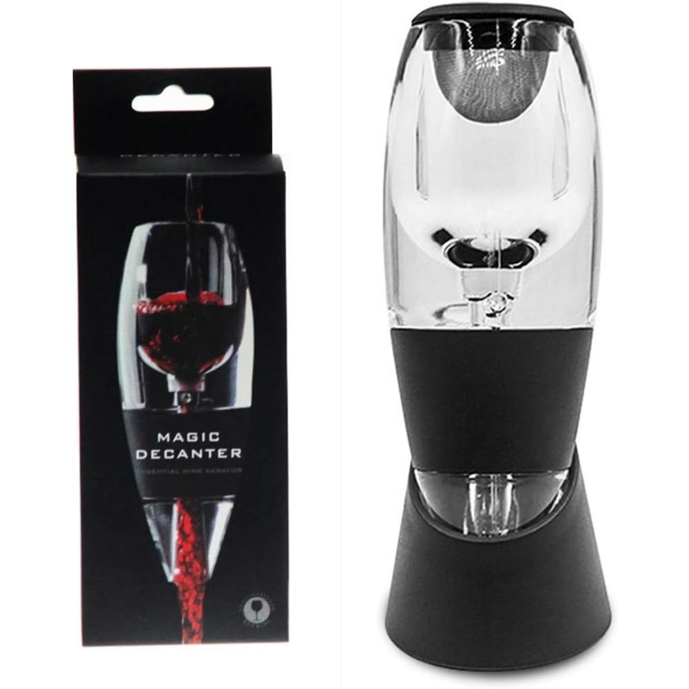 This decanter features an LED light and a stainless steel filter. Its unique decanting mechanism quickly enhances the flavor of wine.