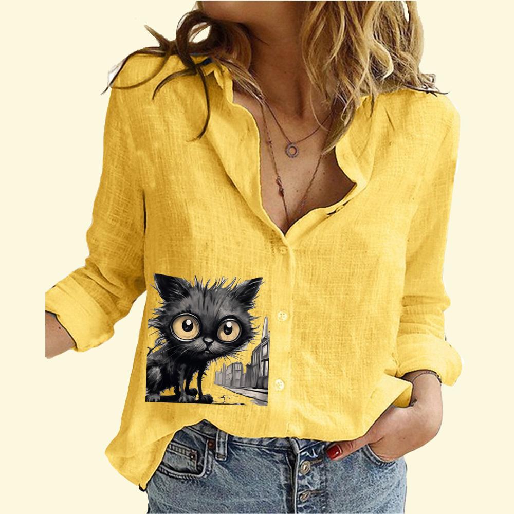 Женская модная рубашка на пуговицах, повседневная, тонкая, с длинным рукавом, женская рубашка из хлопка и льна с принтом кота