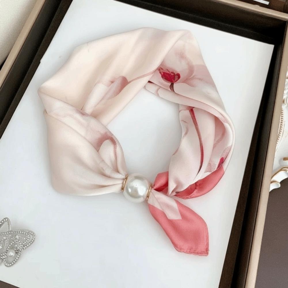 Fashion Pearl Buckle Silk Scarf Printed Soft Neck Scarf Lightweight Thin Neckerchief Women