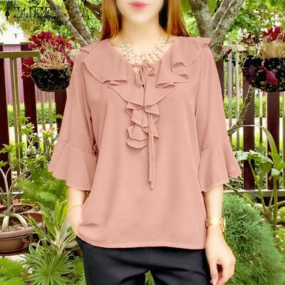 Женская повседневная блузка с оборками, V-образным вырезом, свободным рукавом 3/4, однотонная