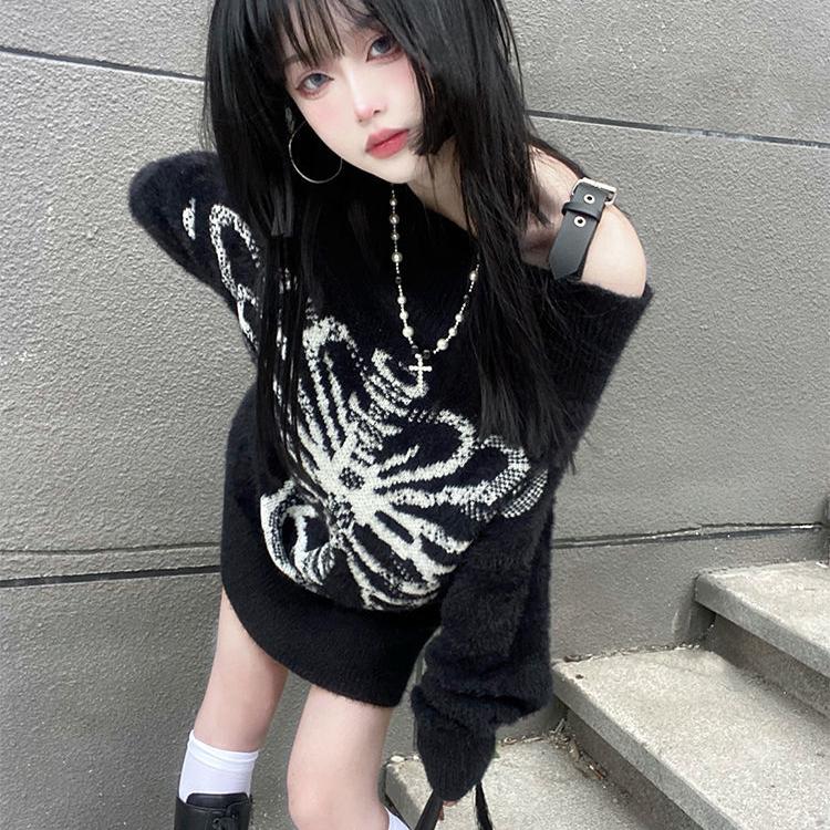 Готические свитера с черепом в стиле Харадзюку, женские пуловеры Y2k, готический панк, вязаные черные топы с длинными рукавами, осенний трикотаж, крутая девушка