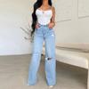 Women's Fashion Ripped Denim Casual Solid Color Print High Waist Trousers Pants & Capris Casual Trousers