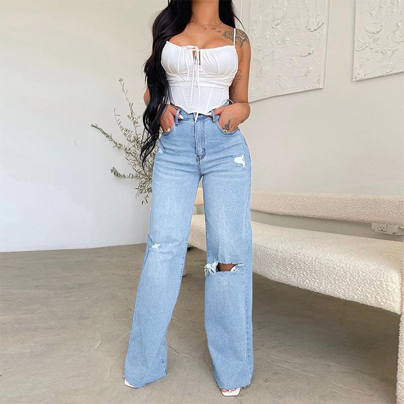 Women's Fashion Ripped Denim Casual Solid Color Print High Waist Trousers Pants & Capris Casual Trousers