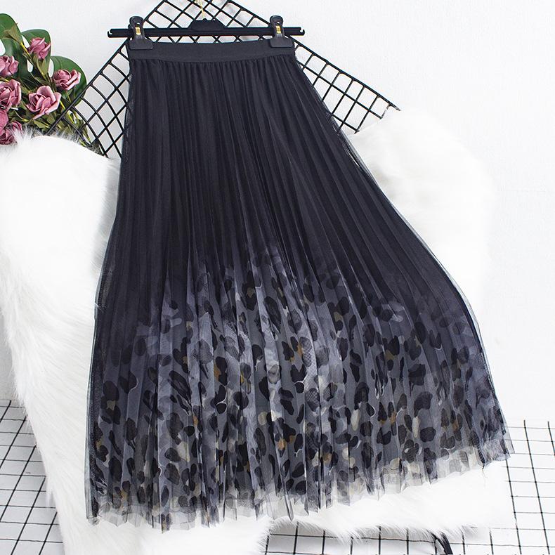 Women Autumn Winter Vintage Skirts Lady Leopard High Waist A-Line Mid-long Female Casual Slim Pleated Skirt
