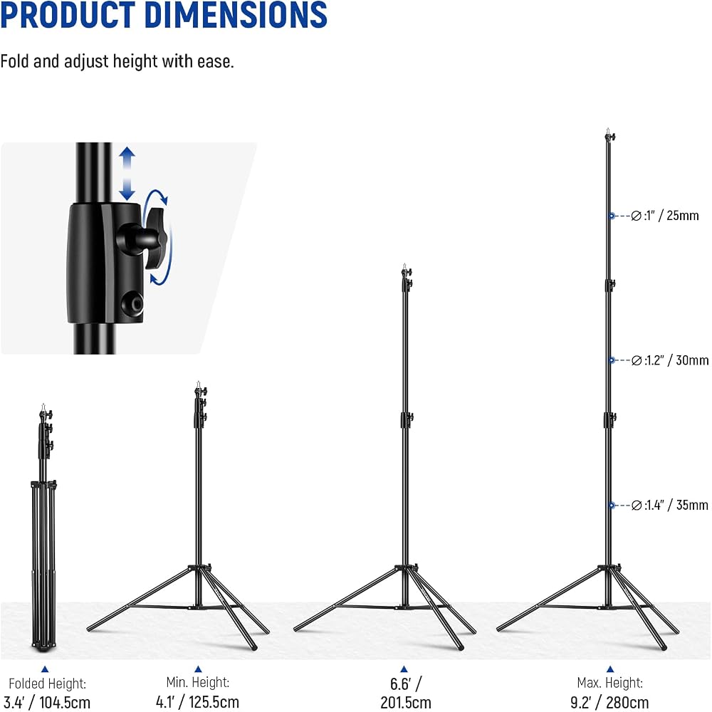 NEEWER 9.2ft/2.8m Air Cushion Light Stand, Heavy Duty Metal Photo Tripod Stand with 1/4"~3/8" Reversible Spigot, 3-Way Mounting Interface & Metal Lock