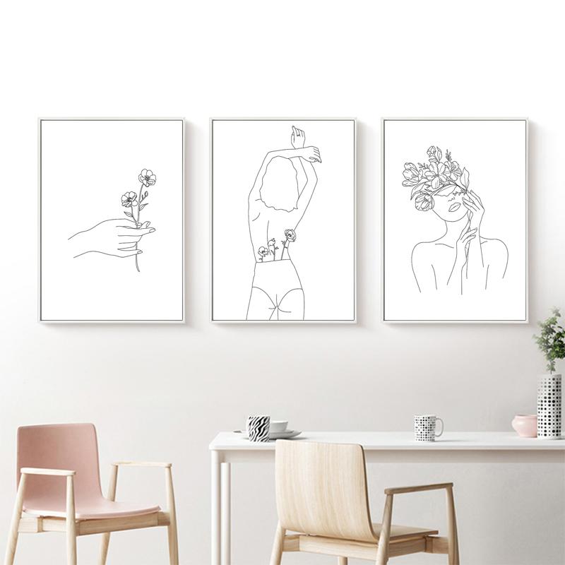 Черно-белые сексуальные женские настенные художественные печати, абстрактные простые линии, холст, живопись, цветочные постеры, фотографии для домашнего декора