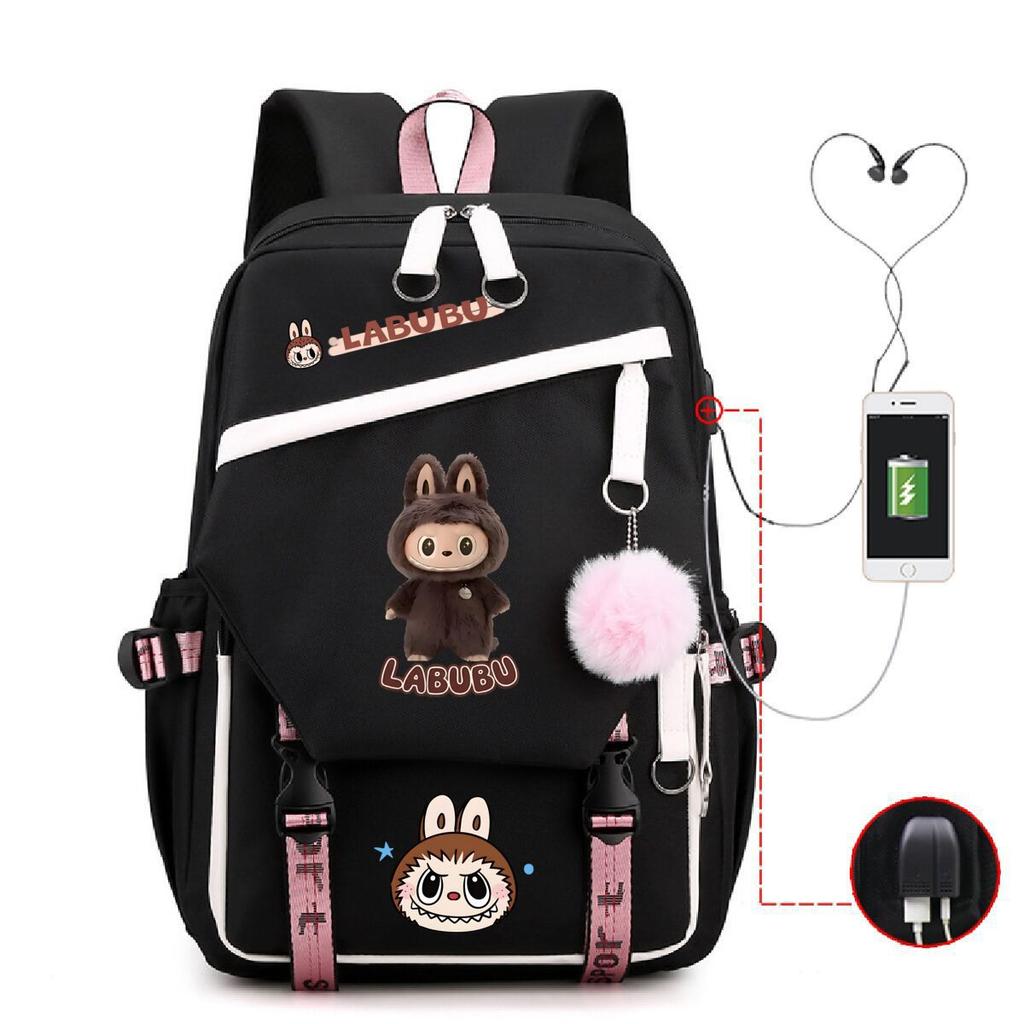Студенческий школьный рюкзак с принтом Лабубу, многофункциональный, большой вместимости, с USB-портом