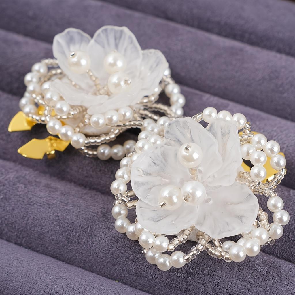 2Pcs Handmade Beaded Flower Button Clips, Elegant Faux Pearl and Frosted Flower Shirt Button Clips