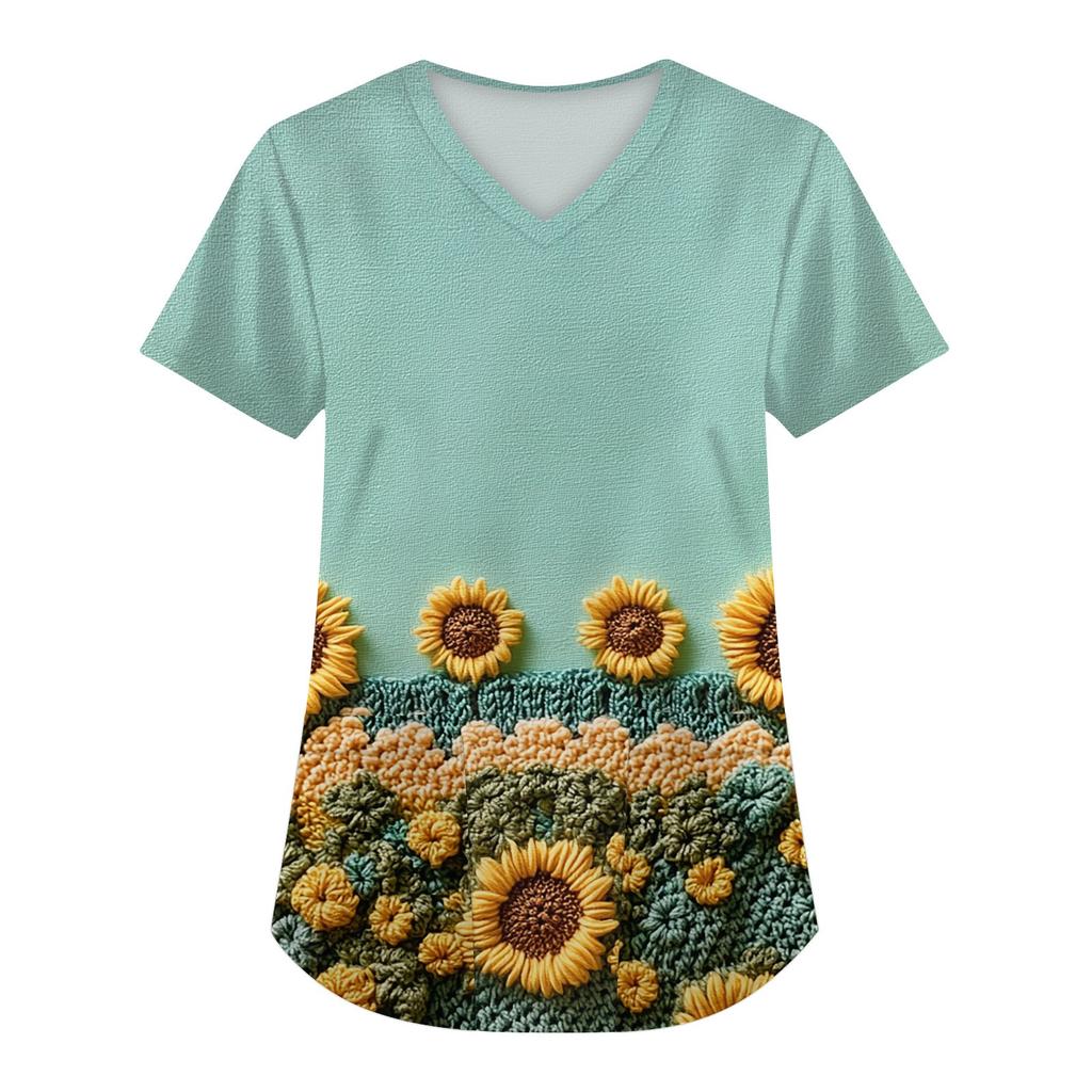 Женская мода с коротким рукавом и V-образным вырезом с карманами и цветочным принтом Топы Одежда