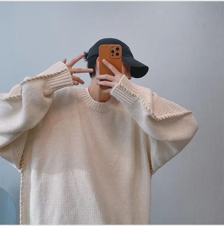 Boys' Trendy Retro Loose Coffee-Colored Knitted Sweater for Autumn and Winter