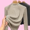 Autumn Winter Half Turtleneck Bottoming Shirt for Women with Retro Black and White Striped Long-sleeved T-shirt Tops for