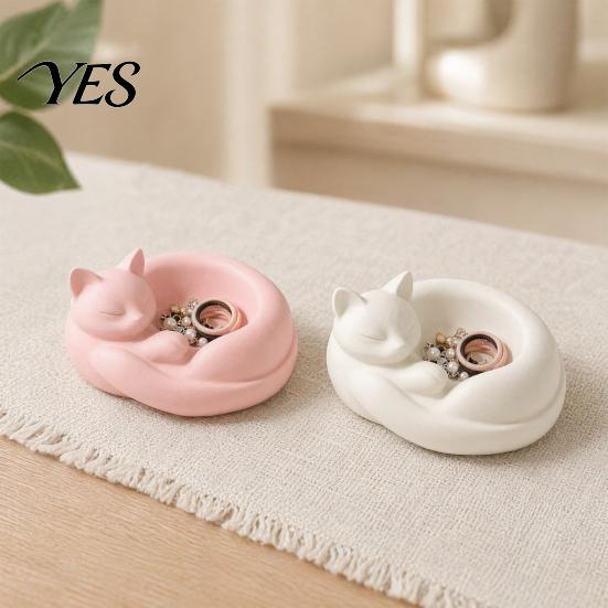 Burr-free Cat Sculpture 3D Printed Curled Sleeping Planter, Multi-Functional Figurine with Bowl-Holding & Ring Tail Decoration Slot, Matte Finish