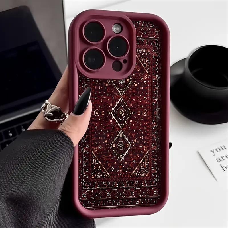 Чехол для телефона Винтажный Красный Ковровый Узор Для iPhone 17 16 Pro Max 11 13 12 14 15 8 7 Plus XS XR X 16E 17E Ударопрочный Чехол