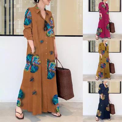 2021 Этнический стиль Большой размер Хлопок Лен Длинный халат с отложным воротником и карманами