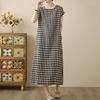 Хлопковое винтажное платье в клетку с коротким рукавом большого размера, новинка, повседневное свободное длинное летнее платье для женщин