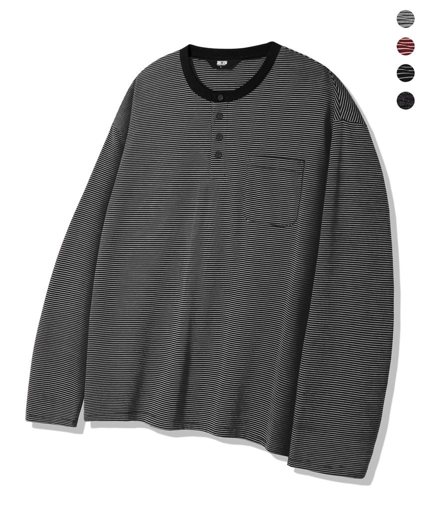 TRILLION Thin Stripe Pocket Henley Neck Long Sleeve_4Color