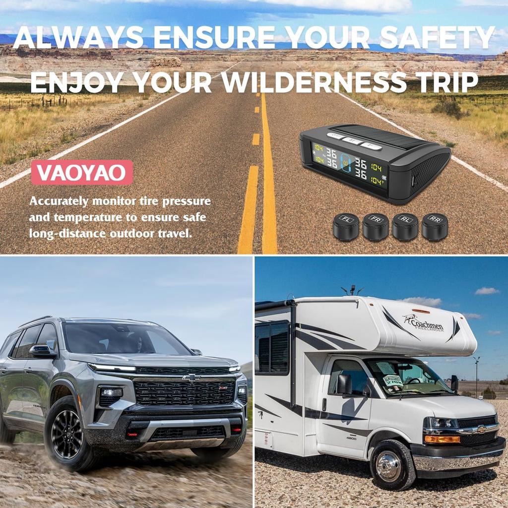 Универсальная система TPMS на солнечной батарее с ЖК-дисплеем — внешние/внутренние датчики, водонепроницаемость IPX7, система мониторинга в реальном времени