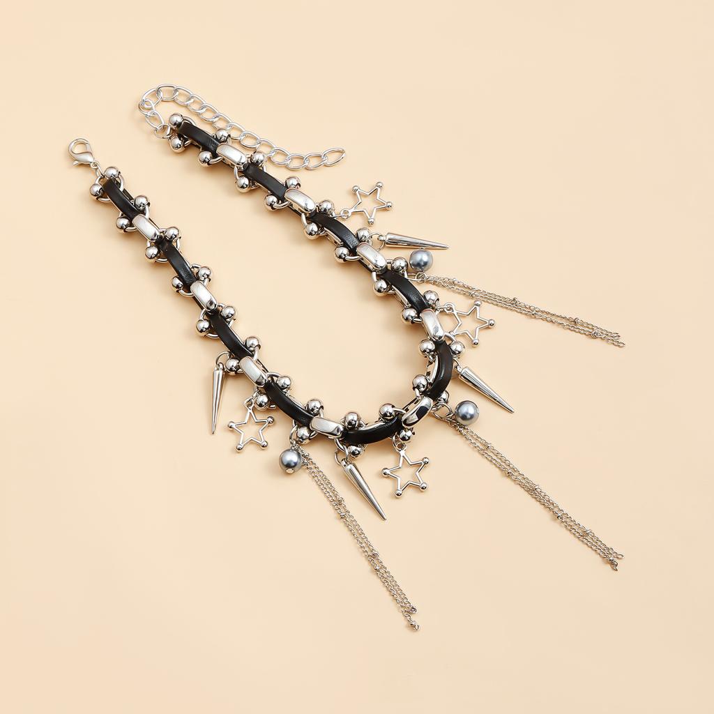 Панк Готический Стиль Пентаграмма Кисточка Кожаный Шнурок Цепочка на Ключицу Сладкая Крутая Острая Девушка Ожерелье