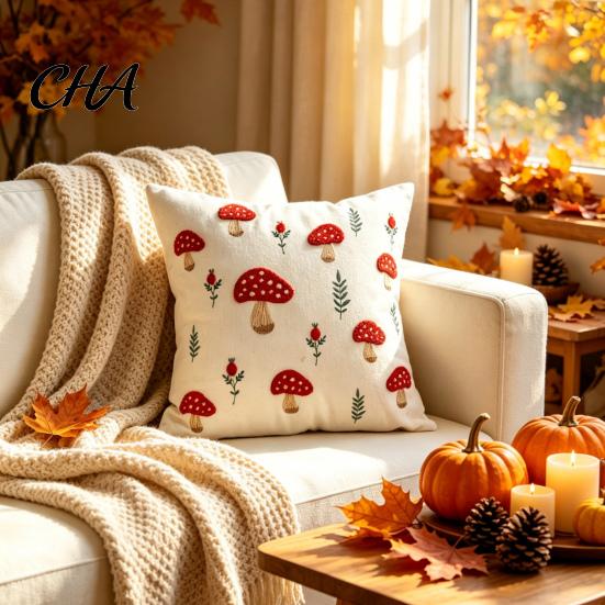 Washable Decorative Pillow Shells Autumn Embroidered Pillowcase, Mushroom Leaf Throw Cover, 18"x18" 20"x12" Cozy Living Room Decor Farmhouse Cover for