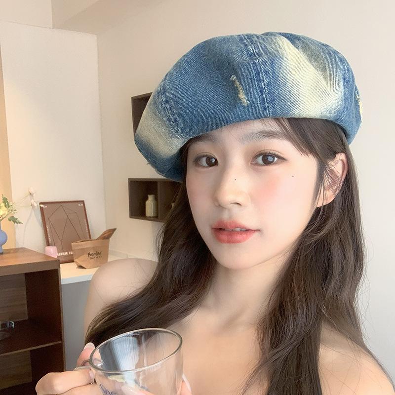 Японский Деним Высокого класса Градиентный Берет Рваный Деним Берет Разговорный Ретро Универсальный Шляпа Старого Художника