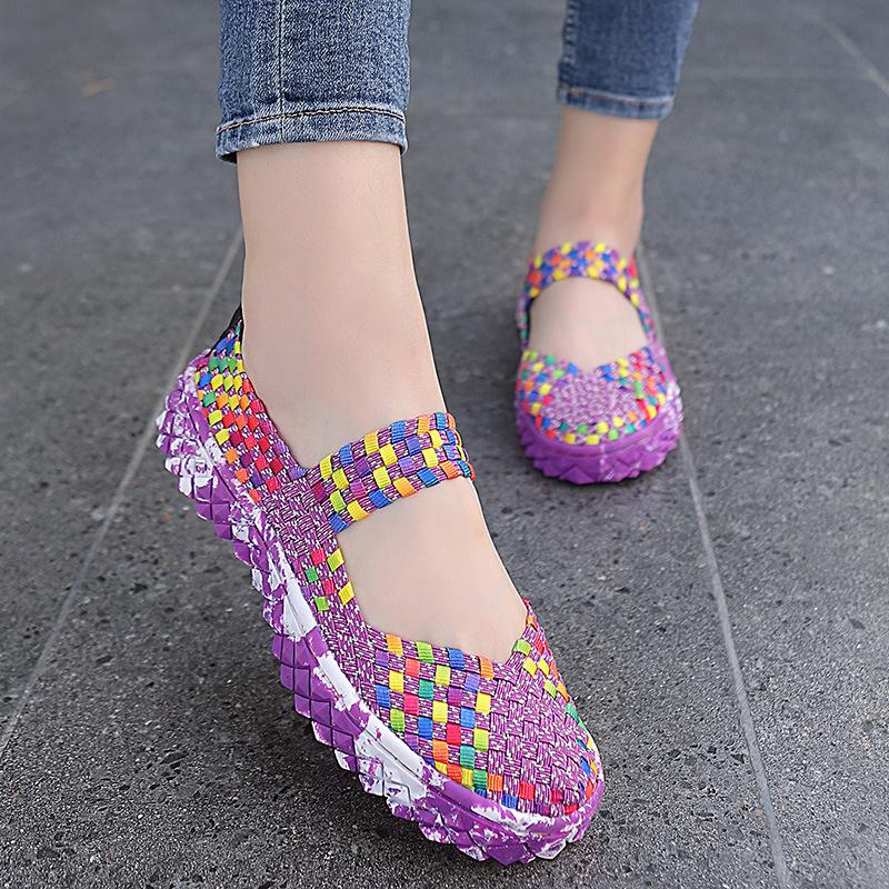 Женская эластичная плетеная прогулочная обувь Сандалии на плоской подошве Удобные повседневные нескользящие легкие дышащие кроссовки Мэри Джейн Обувь для медсестер Повседневные женские лоферы