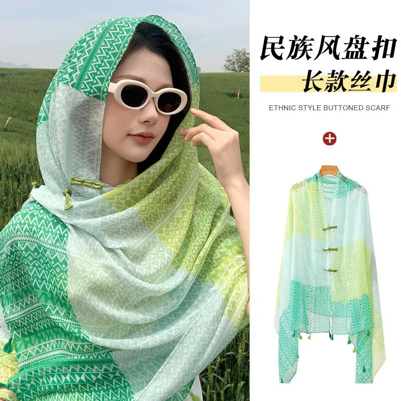 Ethnic style buckle blue shawl summer outside tie-dye cape seaside photo sunscreen silk scarf versatile scarf women