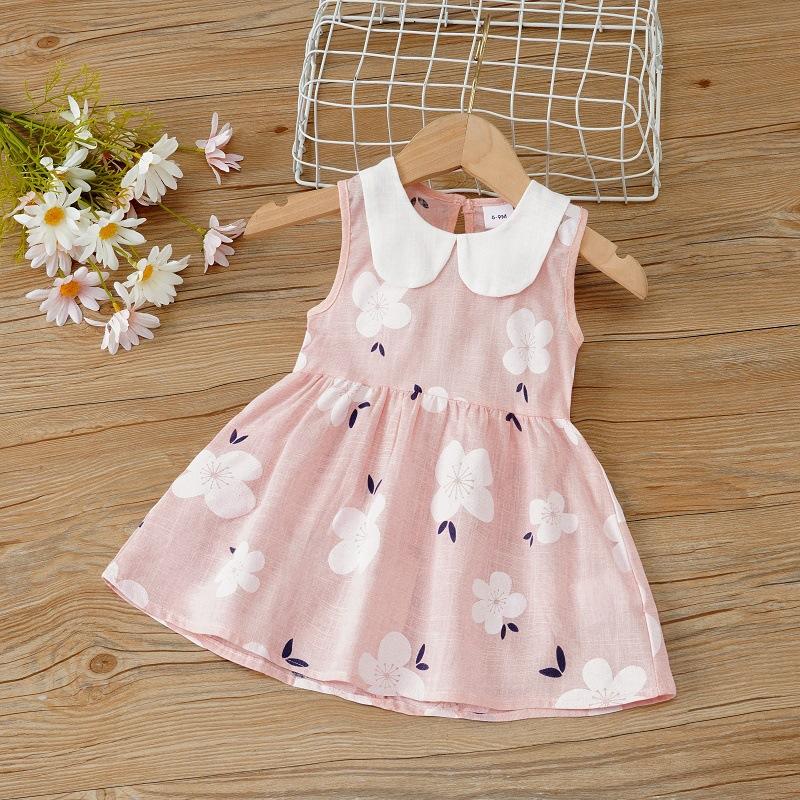 Girls Cotton Linen Sleeveless Dress with Peter Pan Collar Cute Floral Print Princess Vest Dress for Spring Summer