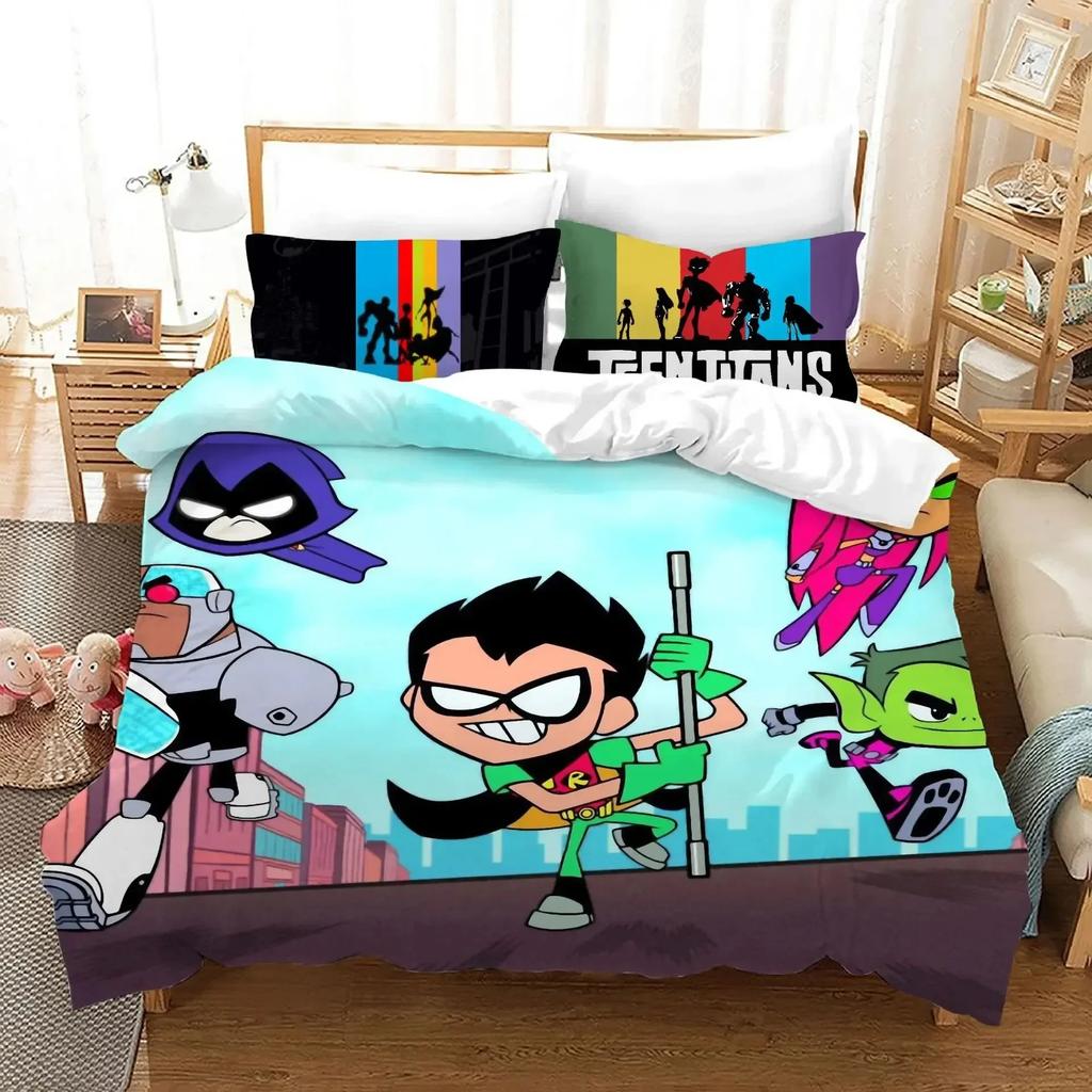 Cartoon Teen Titans Go Printed Bed Set Duvet Cover Pillowcase Bedding Set Linen Sheet Quilt Cover Full Queen Size Home Textile