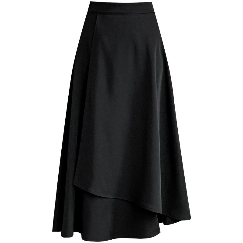 Women's Black A-Line Skirt: Spring, High-Waist, Medium To Long, Irregular Hem, Large Size, Korean Style, Hip-Covering, Flared Umbrella Design.