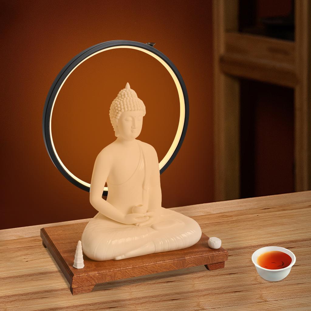 Керамическая статуэтка Будды со светодиодным ореолом, Регулируемая 6-уровневая подсветка, Медитативная фигурка 16 дюймов, Деревянное основание, Декор для дома в стиле дзен, Акцентное освещение