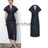 Spring New Women Clothes Western Style Pleat Decoration Short Sleeve Lapel Denim Midi Dress 2284576