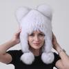 Новые женские шапки-бомберы с ушками, помпоном и меховыми наушниками из натурального лисьего меха, вязаные, русские шапки-ушанки, уличная снежная шапка