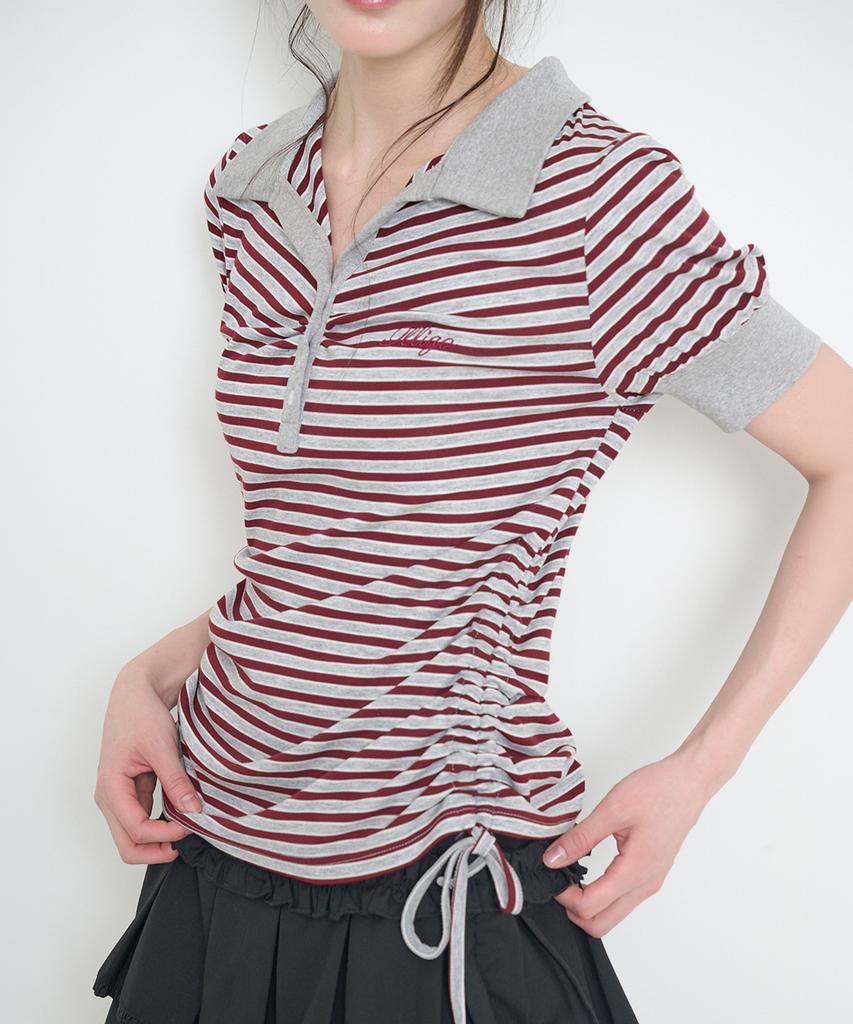 ILLIGO Striped Shirred Collar Tee Burgundy