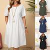 Spring and Summer New Retro Loose Casual Dresses Women Fashion Short Sleeve Pockets Solid A Line Women's Dress Round Neck Cotton and Linen Dress 26470