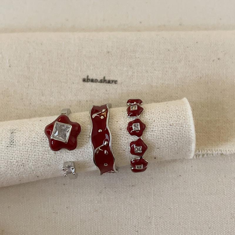 Red Oil Drop Flower Cherry Open Ring Women'S Niche Design Sense Light Luxury Elegant Fashion Versatile Ring Ring